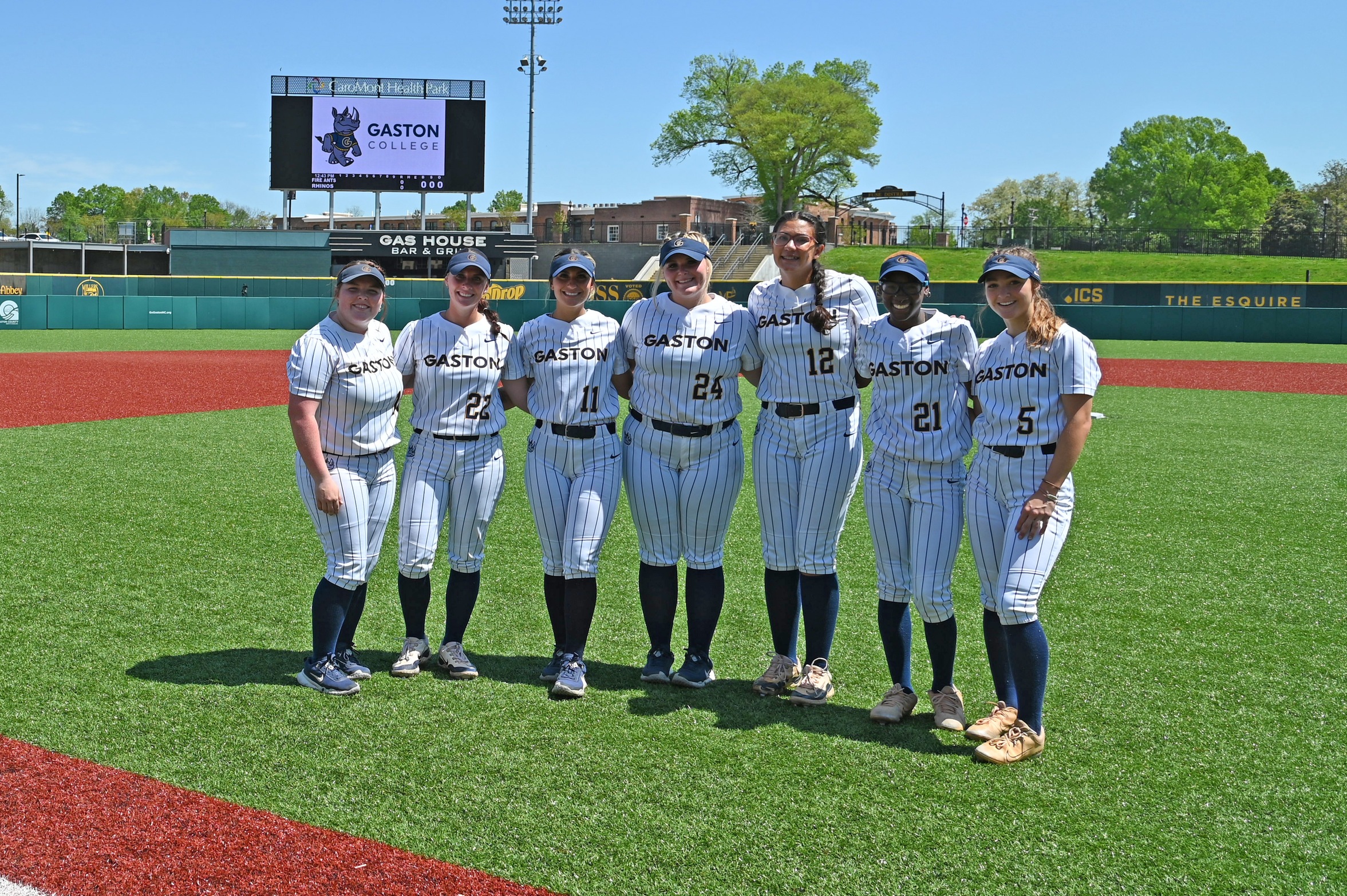 Gaston College celebrated "Sophomore Day" on Sunday with a doubleheader sweep. The sophomores (left to right) were Tessa Hunt, Grace Manning, Logan Lilly, Kinsey Johnson, Abigail Gawlinski, Gabrielle Porterfield and Gracie Brown.