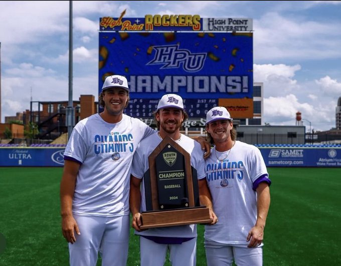 Former Gaston College standouts (left to right) Christian Baker, Gus Hughes and Konni Durschlag show off the Big South Conference championship trophy they helped High Point win last weekend to advance to the school's first NCAA Division I national tournament.