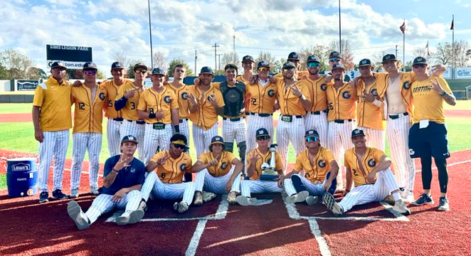 Gaston College's Team Johnston (named after assistant coach Kyler Johnston) celebrates after winning the 2024 Rhino World Series that ended 2024 fall drills.